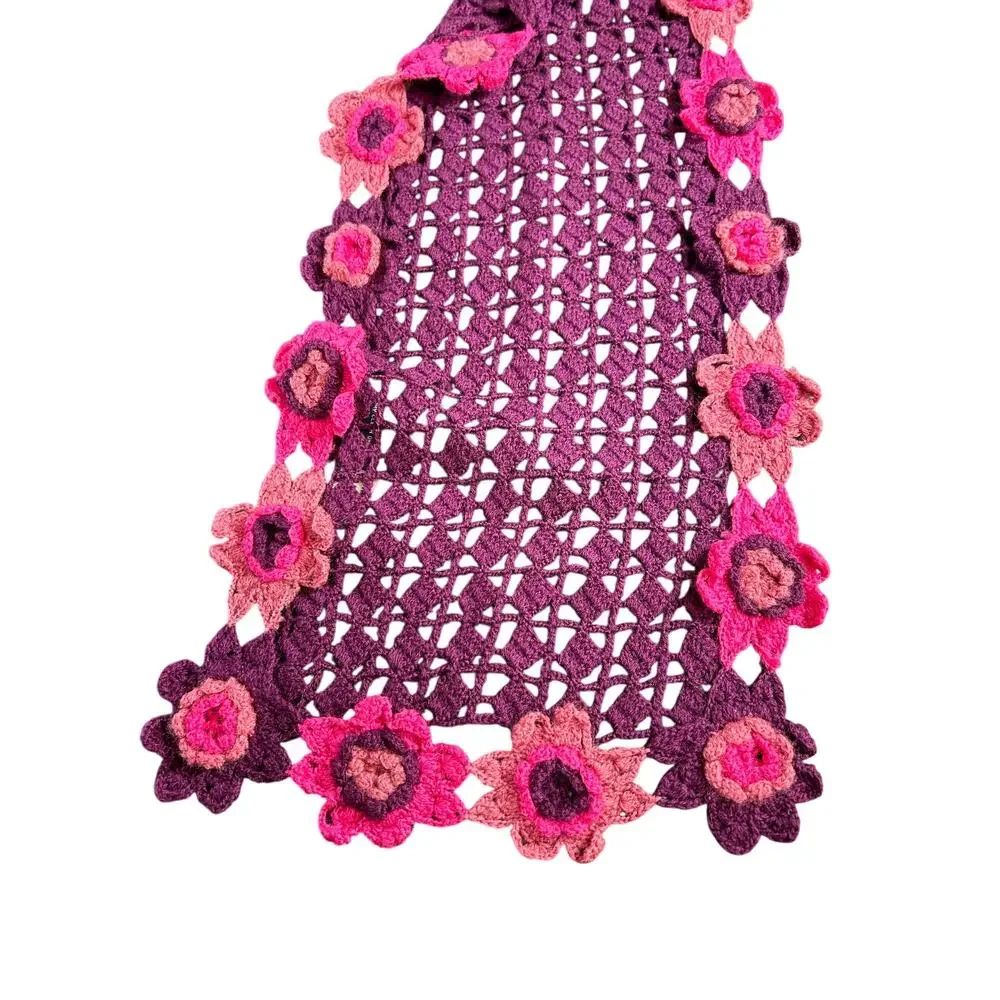 Gap Crochet Floral Scarf- purple pink- wool knit- feminine whimsygoth OS 62x9